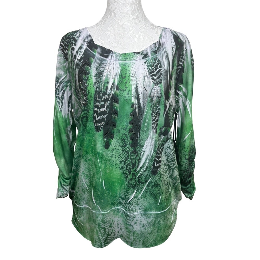 NWT French Blue Green Feather Animal Long Sleeve Ruched Tunic Blouse Women Large